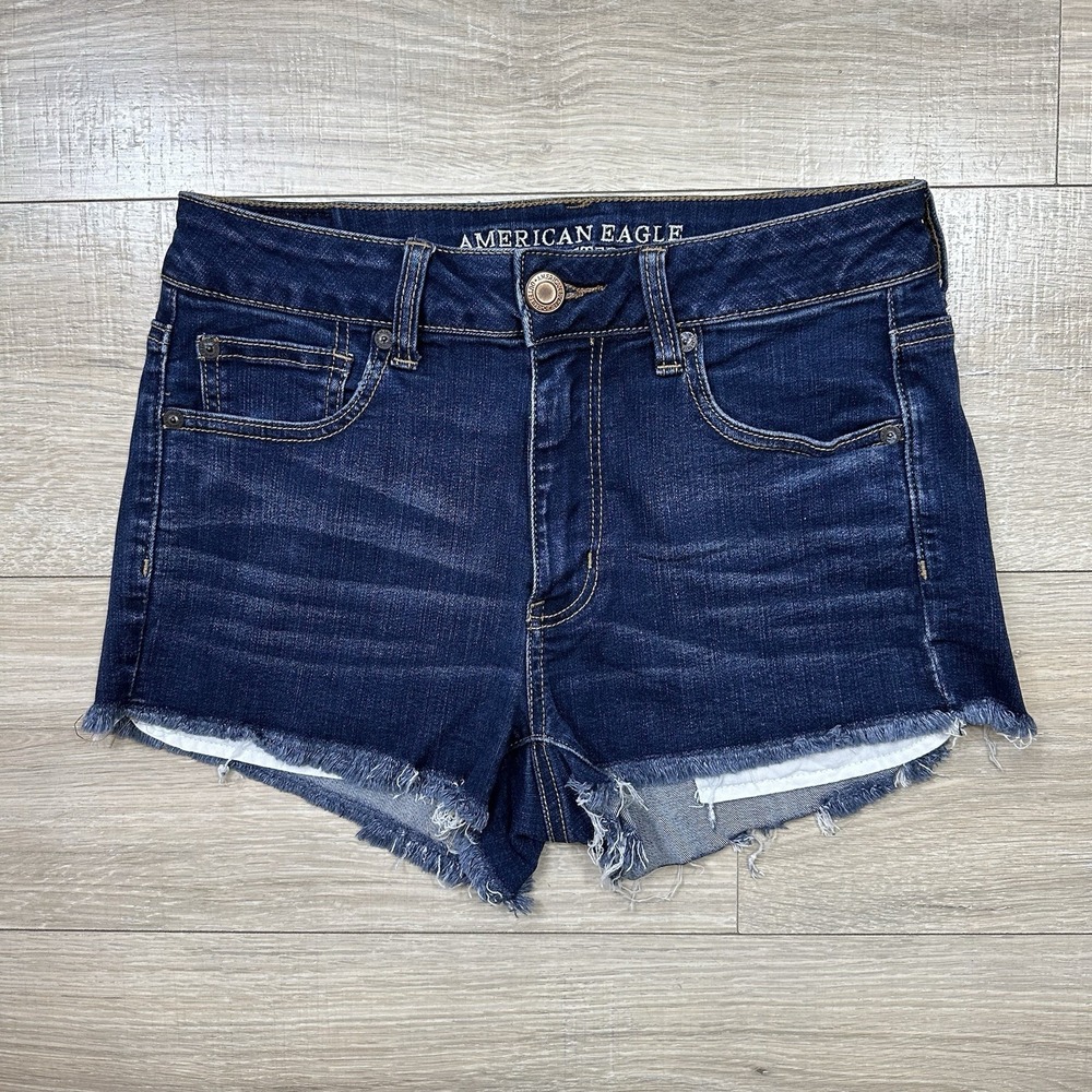 American Eagle Super Stretch High‎ Rise Shortie Blue Denim Shorts Cut Off Raw 8